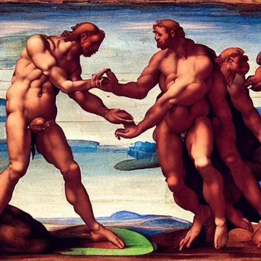 Prompt: the creation of adam by michelangelo, but with primates, highly detailed, painting