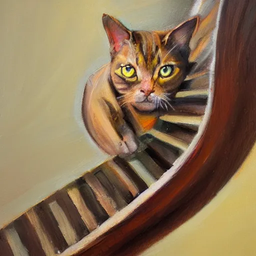 Prompt: a cat on a spiral staircase, close up cat, expressive oil painting, trending on artstation