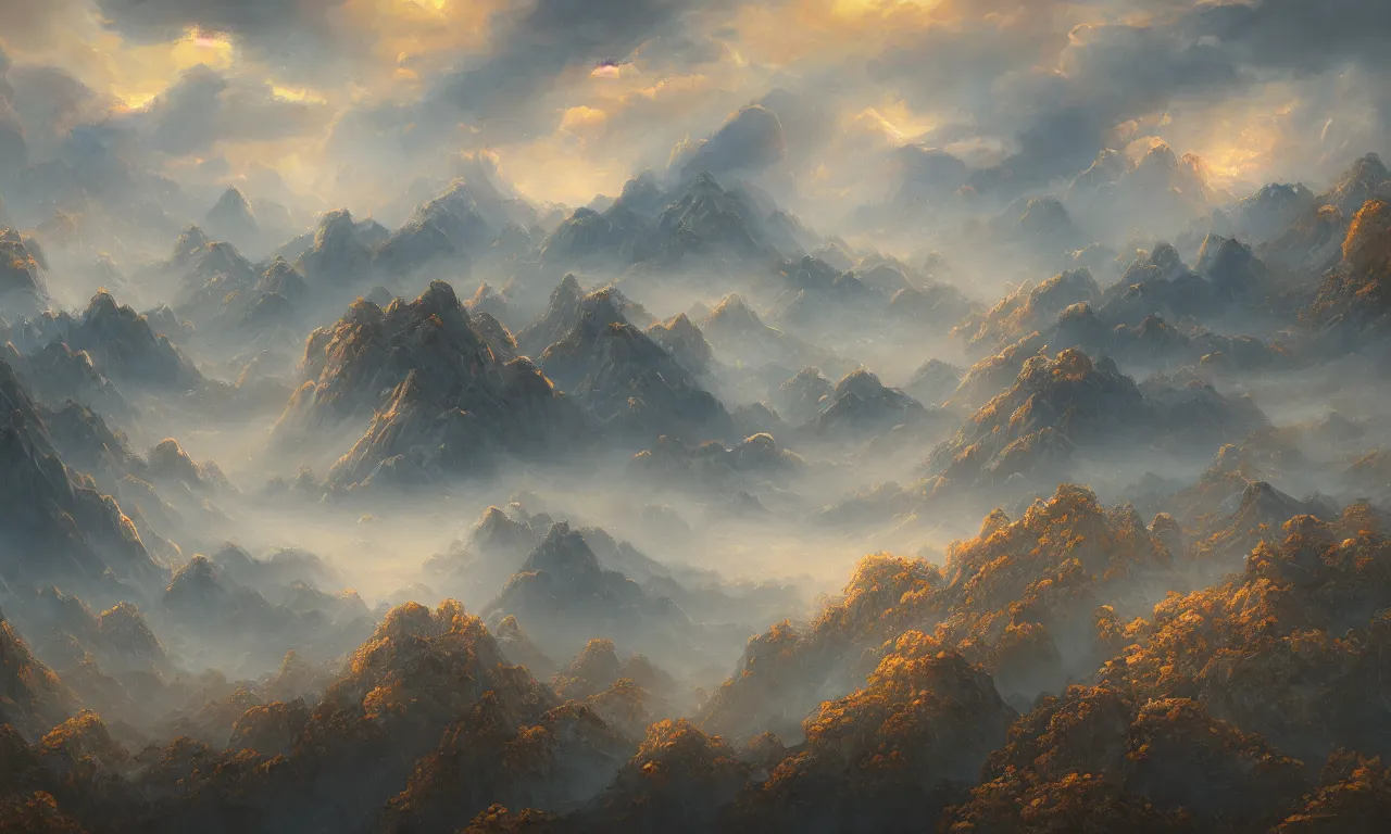 Image similar to breathtaking detailed soft painting of an aerial landscape in luxurious nature, mountains rockas at dawn with ribbons and golden petals flying, with intricate art nouveau moody dark tumultuous clouds, by dao trong le, artstation, concept art, matte, 8 k,