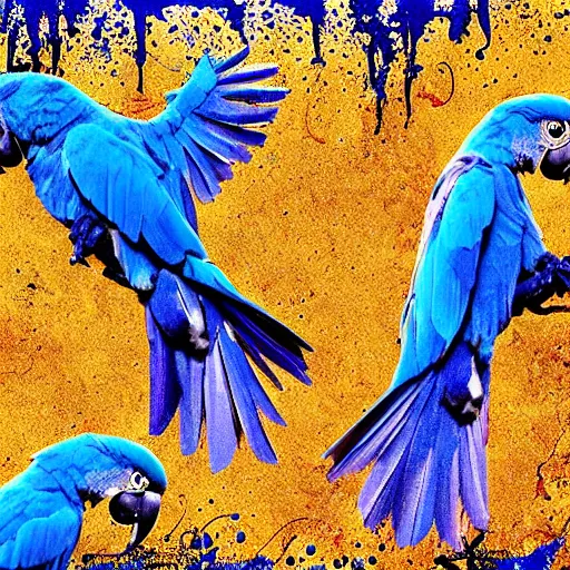 Image similar to blue parrots emerging from fluids, ink splash, intricate details, 16k, post processing, saturated blue colours