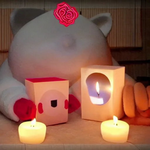 Image similar to kirby!!!!!!!!!!!!!! and companion cube romantic dinner, candlelight, roses