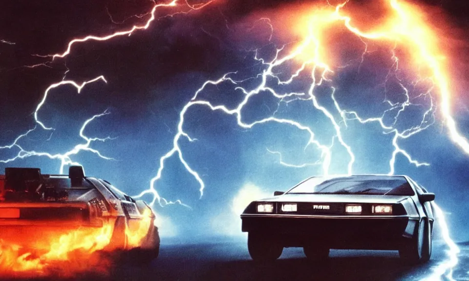 Image similar to scene from back to the future, delorean driving fast, lightning, fire, driving through portal