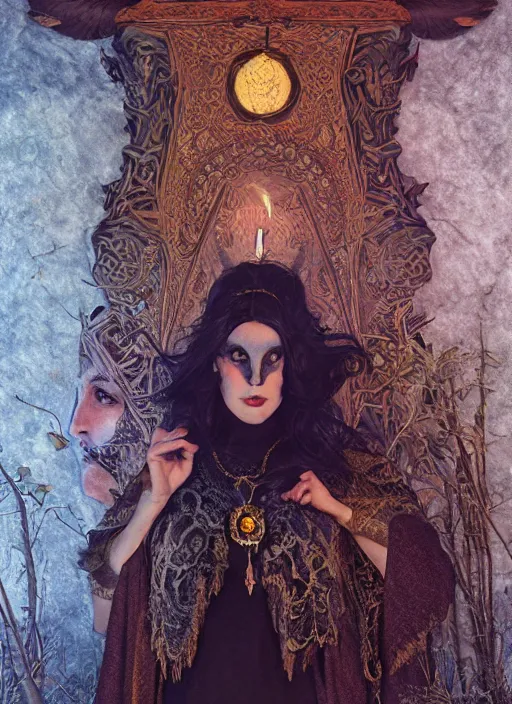 Prompt: levitationinside covens den, intricate wiccan scene detailing, textless, hyperornate wiccan photorealistic mask, highly detailed, photorealistic, diffuse lighting, hdrp render, artstation, unreal 5, smooth, sharp focus, art by john collier, albert aublet, krenz cushart, artem demura, alphonse mucha