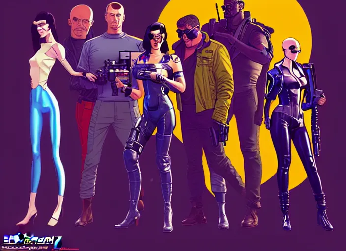 Image similar to cyberpunk spy squad. portrait by stonehouse and mœbius and will eisner and gil elvgren and pixar. character design. realistic proportions. cyberpunk 2 0 7 7 character art, blade runner 2 0 4 9 concept art. cel shading. attractive face. thick lines. the team. diverse characters. artstationhq.