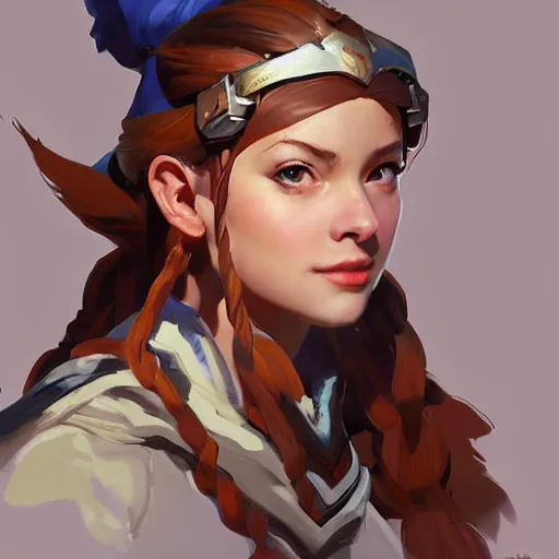 Image similar to greg manchess portrait painting of a aloy as overwatch character, medium shot, asymmetrical, profile picture, organic painting, sunny day, matte painting, bold shapes, hard edges, street art, trending on artstation, by huang guangjian and gil elvgren and sachin teng