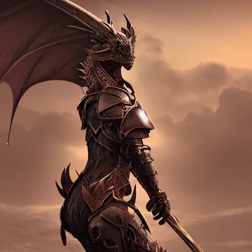 Image similar to stunning cinematic back end shot of a beautiful female knight, but as an anthropomorphic female dragon, well designed highly detailed perfect female dragon head with slick LED eyes, well armored, sharp claws, HD octane render, fantasy, furry art, Artstation, Deviantart, Furaffinity