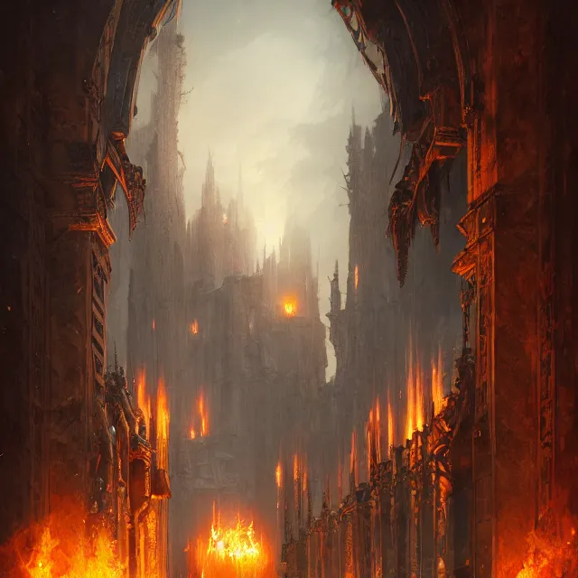 Prompt: huge gate, environment, illustration, symmetrical, fire, smoky, unreal engine, colors, epic scene, fantasy art by greg rutkowski,, golden raito, high quality, intricate details, details, intricate, atmosphere, highly detailed, matte painting, cinematic, deviantart, realistic, concept art, 4 k