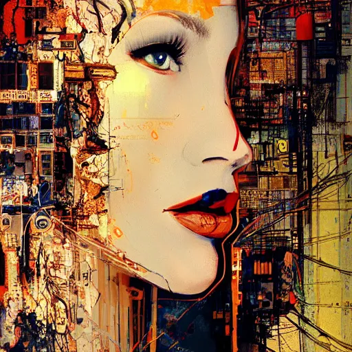 Prompt: sexy beautiful woman head made of mech mask rendered in unreal engine, quack game, cinematic, cyberpunk, microchips, wires out of core processor, dark scifi, painted by david burliuk | bernard buffet | carne griffiths | wlop
