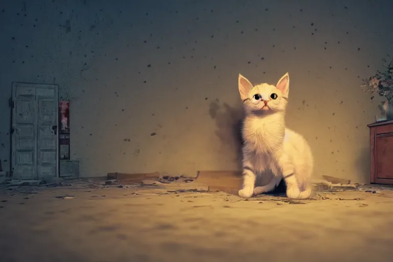 Prompt: a cute kitten on an adventure through an abandoned town in the night, 3d scene, render, ultra realistic