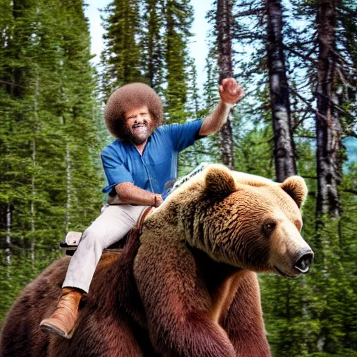 Image similar to a photo of bob ross riding on the back of a brown bear in alaska, outdoor, hyperrealistic, shutterstock contest winner, digital art, national geographic photo, stockphoto, majestic
