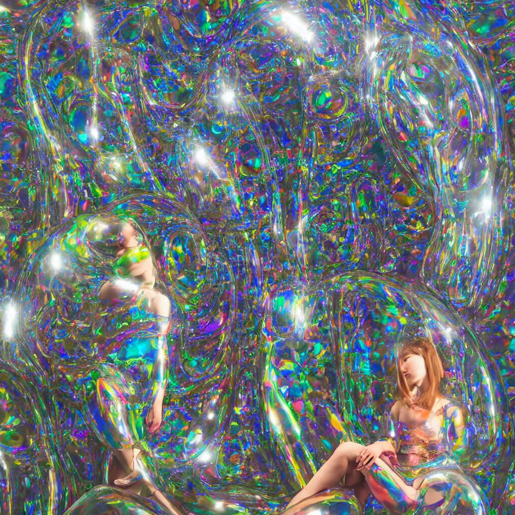 Prompt: a beautiful ex machina girl sitting on an unfinished klein bottle sculptural, chroma iridescence, colors, glassy, reflective and refractive, soap bubbles floating, sitting on baroque theatre architecture background, morning light, biological data streaming