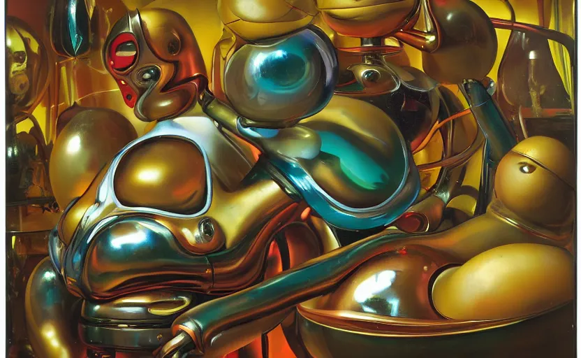 Image similar to strange curvy seductive futuristic robot body, enticing colorful oil painting dutch golden age vanitas eros still life sparse composition with bulbous objects strange gooey transparent surfaces shiny metal reflections bizarre mutant meat insects rachel ruysch dali todd schorr very detailed perfect composition rule of thirds masterpiece canon 5 0 mm, cinematic lighting, photography, retro, film, kodachrome