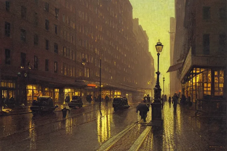 Prompt: painting of the streets of old new york at night, streetlights, raining, romantic, by ludwig deutsch and maxfield parrish, patterned tilework, extremely detailed, cinematic lighting, smooth sharp focus