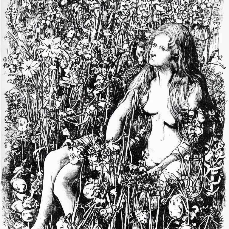 Image similar to a walther caspari illustration in lustige blatter in 1 8 9 9 of a ( young goddess, sitting on a conical pile of small skulls ) with huge flowers on tall stalks behind her, black and white pen an ink drawing