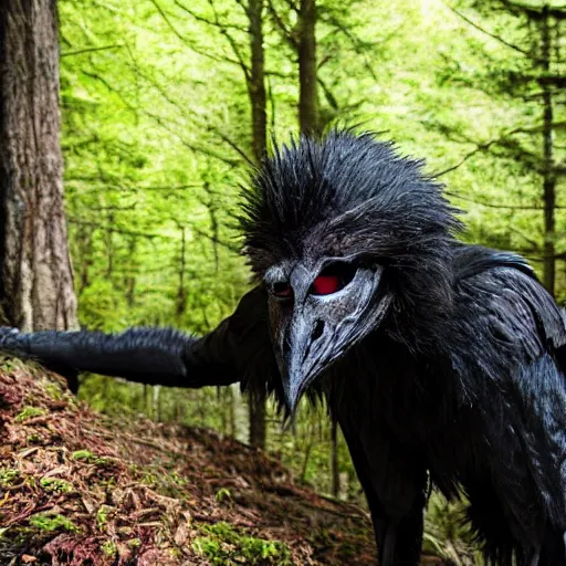 Image similar to werecreature consisting of male human and crow, photograph captured in a forest