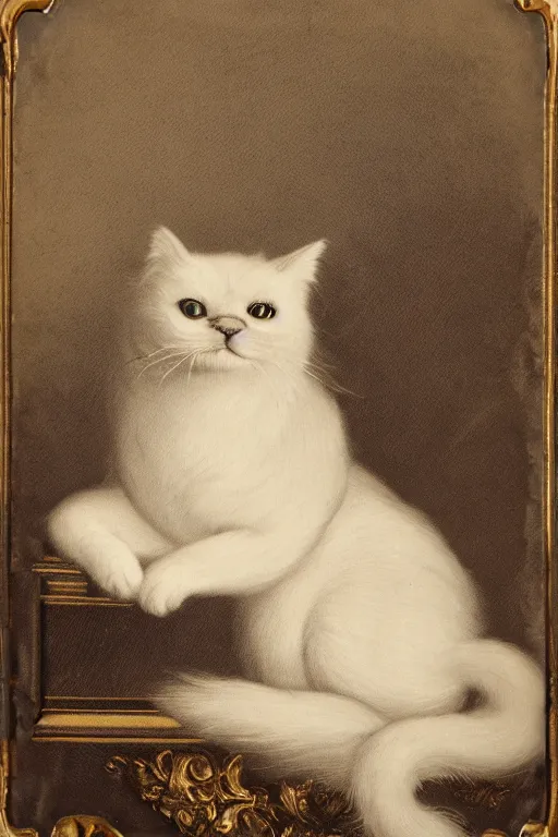 Image similar to a ambrotype portrait of a royal cat, outrageously fluffy, on an embroidered velvet cushion on a neo - rococo gilded little bed, photorealistic, photography, wide shot