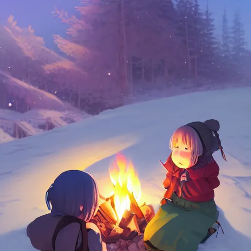 Prompt: anime yuru camp yama no susume cute girls around campfire trending on artstation hyperdetailed eyes cute moe Unreal Engine 4k 8k ultra HD illustration digital pixiv concept art manga cover by Stanley Artgerm Lau, WLOP, Rossdraws, James Jean, Andrei Riabovitchev, Marc Simonetti, and Sakimichan