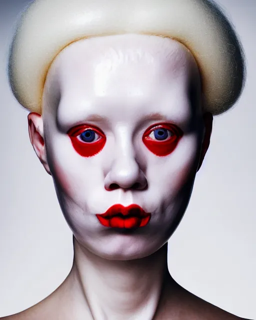 Image similar to symmetrical portrait of an albino woman wearing a silicone embroidered red beauty mask and white hair buns, wearing a black bodysuit by alexander mcqueen, cream white background, soft diffused light, biotechnology, humanoide robot, bjork aesthetic, translucent, by rineke dijkstra, intricate details, highly detailed, masterpiece,