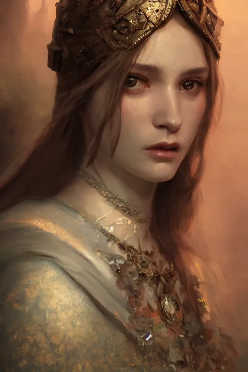 Image similar to medieval princess, gorgeous, close-up portrait, intricate, elegant, volumetric lighting, scenery, digital painting, highly detailed, artstation, sharp focus, illustration, concept art, ruan jia, steve mccurry