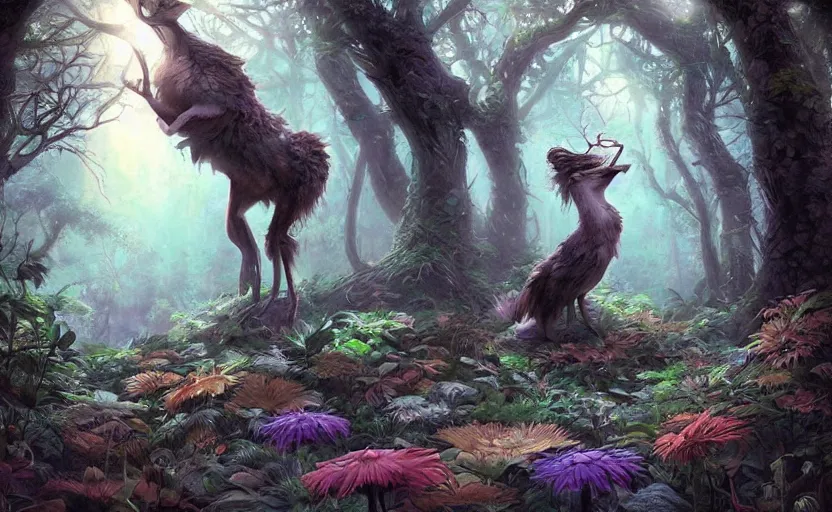 Prompt: A whimsical magical creature in a forest, beautiful, cool dynamic lighting, atmospheric, cinematic, highly detailed digital art, painted by Scott Musgrove