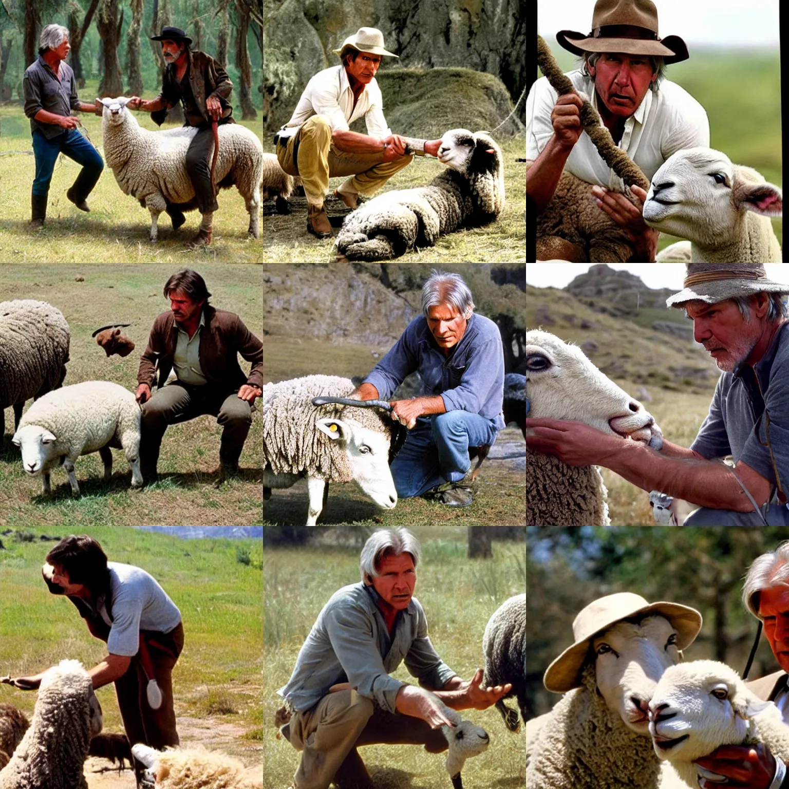 Prompt: Indian Jones (Harrison Ford) taming a sheep with his whisp
