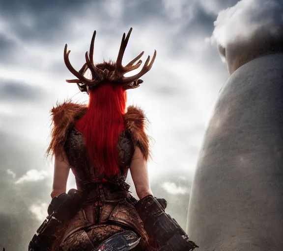 Image similar to a portrait photo of an armored woman warrior redhead with antlers sitting on the edge of a giant red cap mushroom that covers a whole town and reaches above the clouds by luis royo. intricate. lifelike. soft light. sony a 7 r iv 5 5 mm. cinematic post - processing