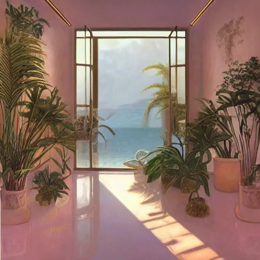 Image similar to indoor liminal space, golden light, greg rutkowski, marble, palm trees, pink door, minimalistic, hyperrealistic surrealism, award winning masterpiece with incredible details, epic stunning, infinity pool mirrors, a surreal vaporwave liminal space with mirrors, highly detailed, trending on artstation, artgerm and greg rutkowski and alphonse mucha, daily deviation