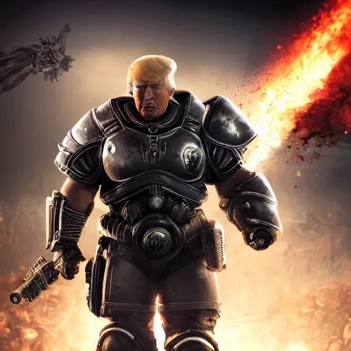 Image similar to Photo portrait of Donald Trump as Crusader Patriot Knight in Gears of War, splash art, movie still, detailed face, photorealistic facial features, cinematic lighting, dramatic, octane render, long lens, shallow depth of field, bokeh, anamorphic lens flare, 8k, hyper detailed, 35mm film grain