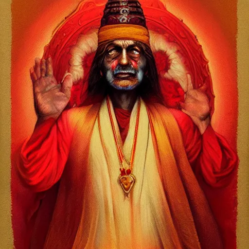 Prompt: wise old Indian guru, floating in the air, red and gold, by Anato Finnstark, Tom Bagshaw, Brom