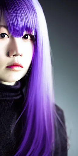 Prompt: a professional portrait of Kyoko Kirigiri, a young adult Japanese woman with long pale light purple hair with bangs, purple eyes, a mysterious expression, black gloves, symmetrical features, realistic 8k professional photography, midday lighting, mystery and detective themed, octane, volumetric lighting, 70mm
