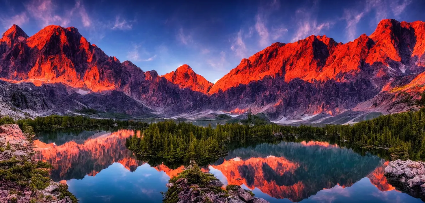 Image similar to amazing landscape photo of mountains with lake in sunset, beautiful dramatic lighting