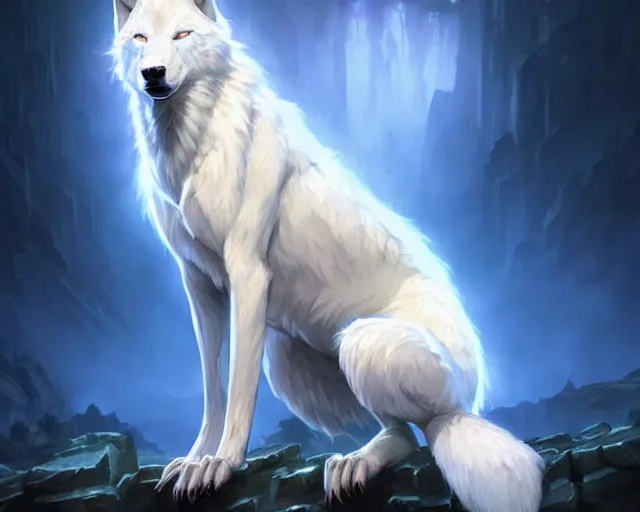 Image similar to full body albino wolf with blue eyes, backlight, rim lighting, deep focus, d & d, fantasy, intricate, elegant, highly detailed, digital painting, artstation, concept art, matte, sharp focus, illustration, hearthstone, art by artgerm and greg rutkowski and alphonse mucha