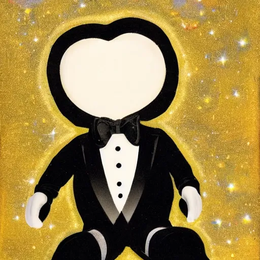 Prompt: in the style of starry night, a tuxedo for a big man with small legs, heart shaped golden mask with white lights for eyes.