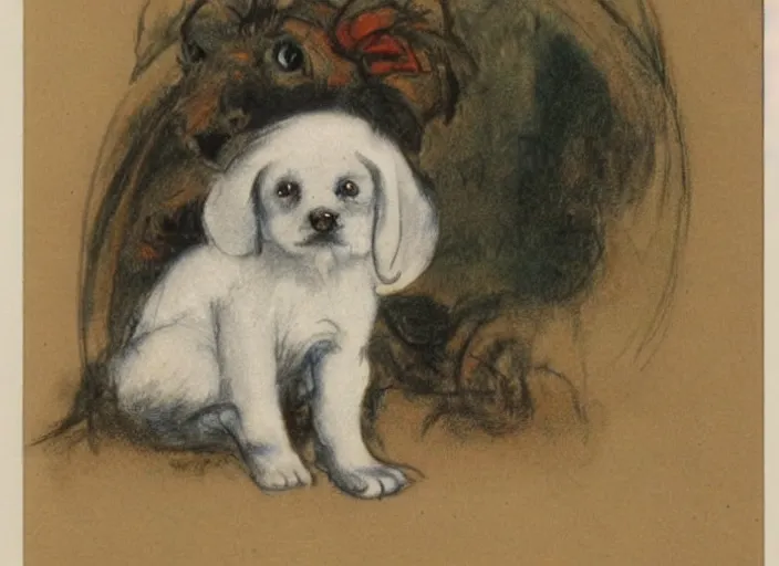 Image similar to Louis Icart, an old elaborate colored drawing of a puppy ghost by Louis Icart, highly detailed, masterpiece