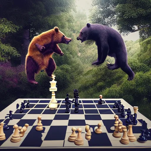 Prompt: beautiful matte painting of a bear playing chess vs. a peacock in the style of mc escher, hyper realistic, volumetric lighting, octane render, artstation, 8 k