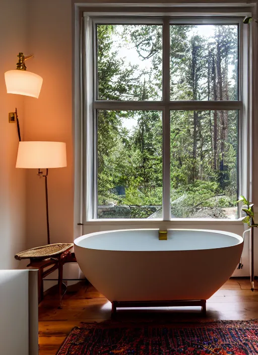 Prompt: photo of a bathtub in mars with detailed wide angle photograph, atmospheric, light bloom, sunlight shining through windows, trees outside, reflections, award , , cozy and calm, fabrics and textiles, colorful accents, brass, copper, secluded, many light sources, lamps, oiled hardwood floors, , plants in the style of stefan kostic, realistic, sharp focus, 8k high definition, insanely detailed, intricate, elegant, art by stanley lau and artgerm