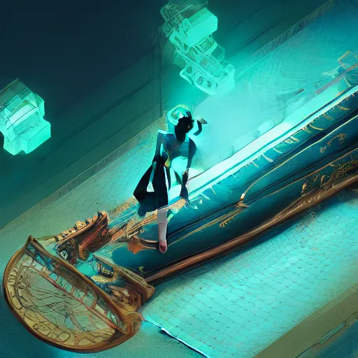 Image similar to beautiful symmetrical boy on a skateboard surrounded by machine axonometric fantasy intricate elegant highly detailed in volumetric turquoise steampunk, high contrast cinematic light, mystical shadows, octane render, photographic, unreal engine 8 k