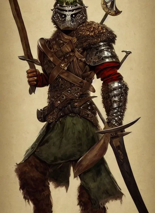 Image similar to strong young man, photorealistic bugbear ranger holding sword, fire magic, black beard, dungeons and dragons, pathfinder, roleplaying game art, hunters gear, jeweled ornate leather and steel armour, concept art, character design on white background, by sargent, norman rockwell, makoto shinkai, kim jung giu, artstation trending, poster art, colours red and green