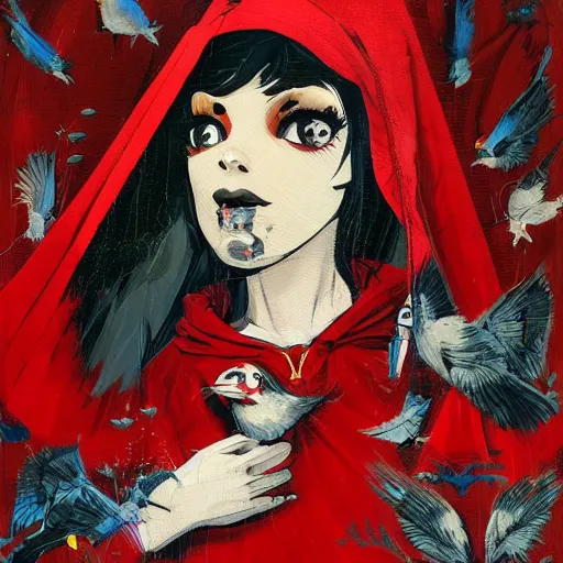 Image similar to portrait of a daydreaming latina woman in a red riding hood monk custome being progressively rasterized into pixels, surrounded by digital birds and a loving robot, by yoji shinkawa, esao andrews and dave mckean