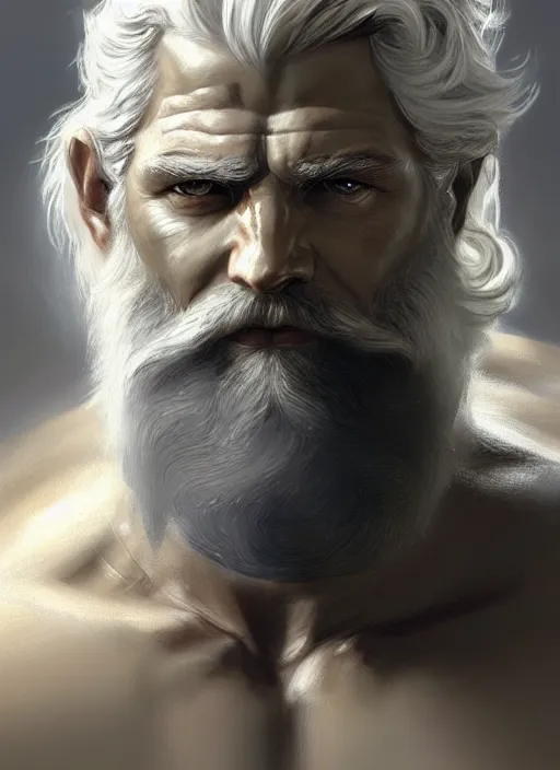 Image similar to painted portrait of rugged zeus, greek god, white hair, masculine, mature, handsome, upper body, muscular, hairy torso, fantasy, intricate, elegant, highly detailed, digital painting, artstation, concept art, smooth, sharp focus, illustration, art by gaston bussiere and craig mullins