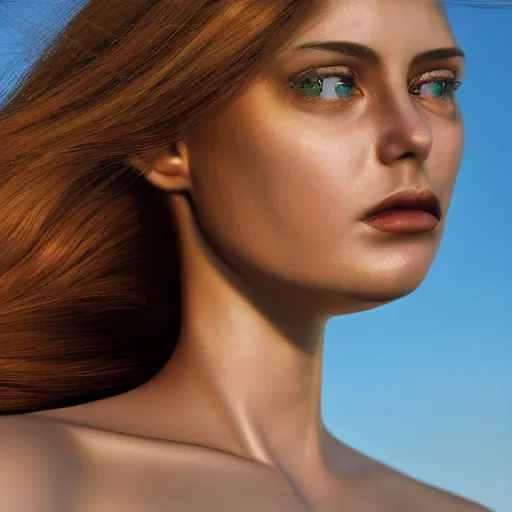 Image similar to closeup portrait of a stunningly beautiful female, silk in the wind at sunset, fashion photoshoot, by edward robert hughes, annie leibovitz and steve mccurry, david lazar, jimmy nelsson, breathtaking, 8 k resolution, extremely detailed, beautiful, establishing shot, artistic, hyperrealistic, beautiful face, octane render