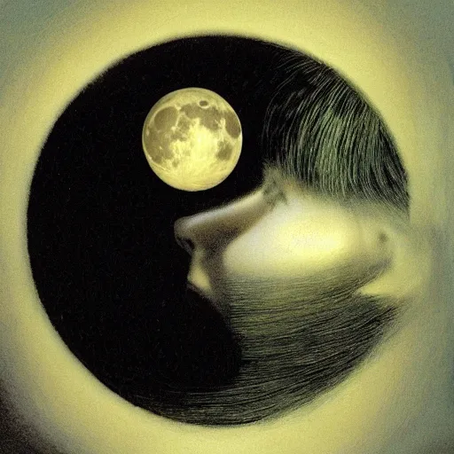 Image similar to looking at the full moon, ghost leaving the body, dave mckean