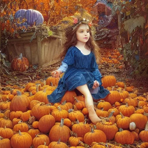 Image similar to a cute little girl with light brown wavy curly hair and blue eyes sitting amidst piles of pumpkins. beautiful cute highly detailed face. she is wearing a crown of autumn leaves. autumn and fall and halloween themed painting by artgerm and greg rutkowski and alphonse mucha.