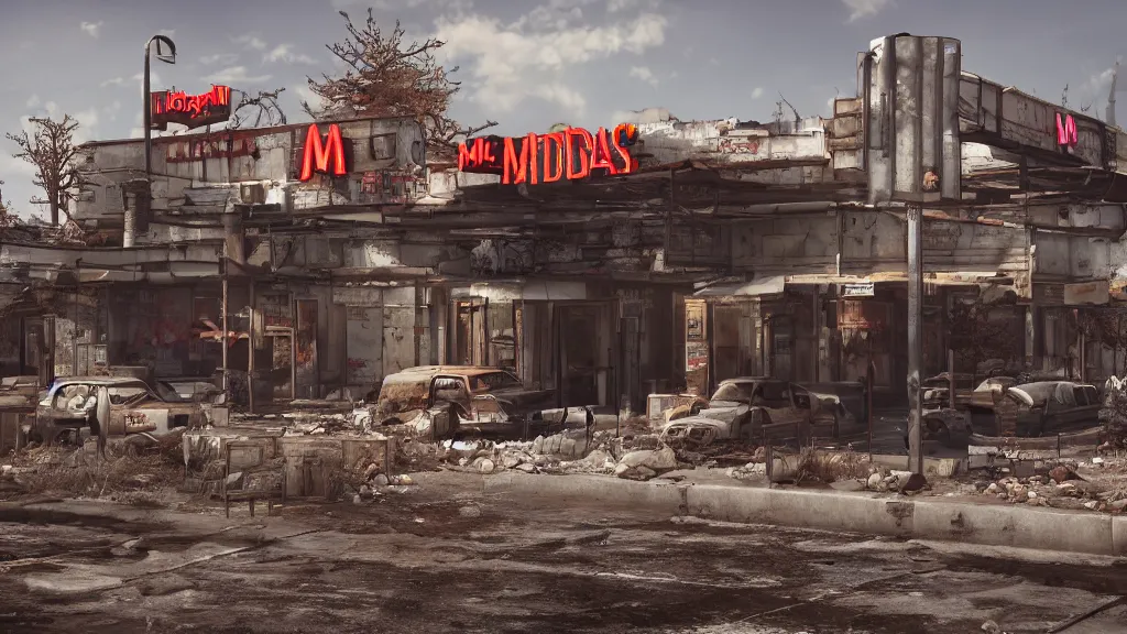 Prompt: post apocalyptic McDonalds::100, fallout, wasteland, octane render, 8k