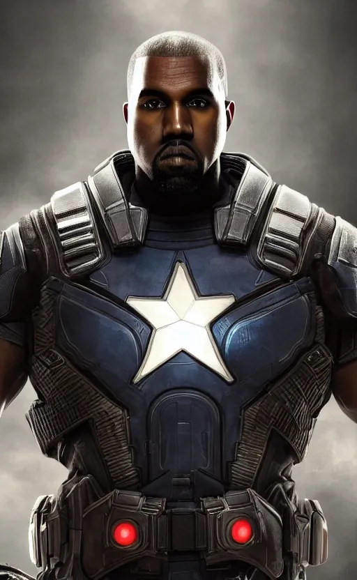 Image similar to Portrait of Kanye West as captain america in Gears of War, splash art, movie still, cinematic lighting, dramatic, octane render, long lens, shallow depth of field, bokeh, anamorphic lens flare, 8k, hyper detailed, 35mm film grain