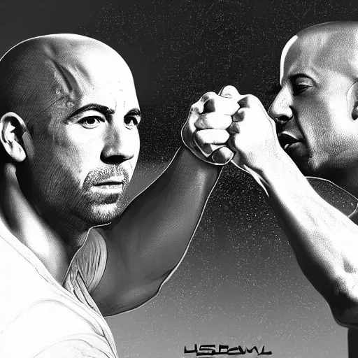 Image similar to paul walker and vin diesel doing a fist bump in heaven, digital art, highly detailed