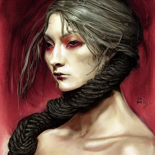 Image similar to portrait of a Shibari rope wrapped face and neck, headshot, insanely nice professional hair style, dramatic hair color, digital painting, of a old 15th century, old cyborg merchant, amber jewels, baroque, ornate clothing, scifi, realistic, hyperdetailed, chiaroscuro, concept art, art by Franz Hals and Jon Foster and Ayami Kojima and Amano and Karol Bak,