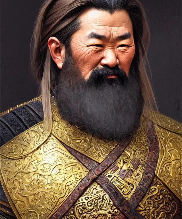 Prompt: old mongolian dwarf general portrait, armored, face, long hair, moustache, fantasy, intricate, elegant, highly detailed, digital painting, artstation, concept art, smooth, sharp focus, illustration, art by artgerm and greg rutkowski and alphonse mucha