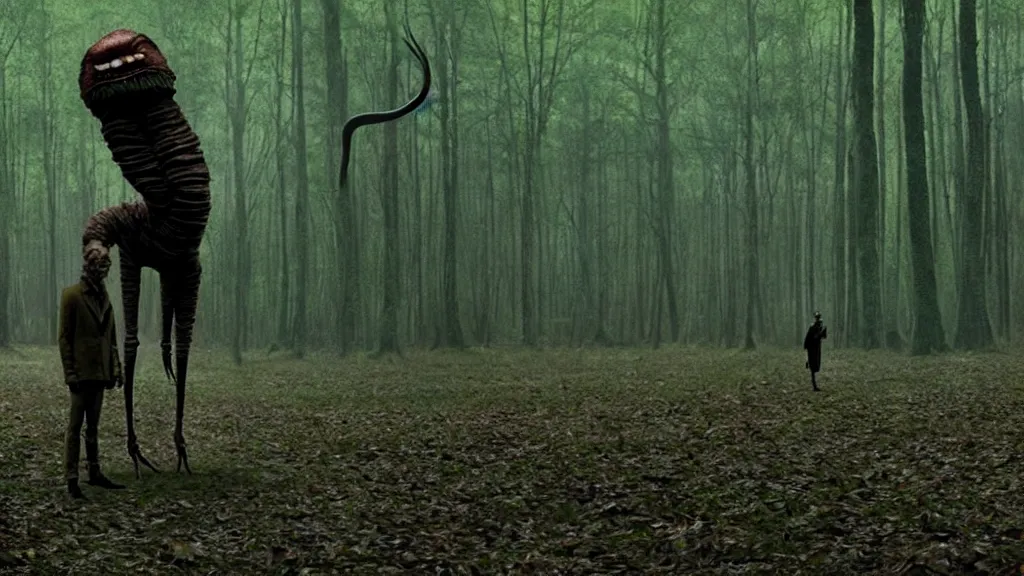 Image similar to the tall strange creature waits in the forest, film still from the movie directed by Denis Villeneuve with art direction by Salvador Dalí, wide lens