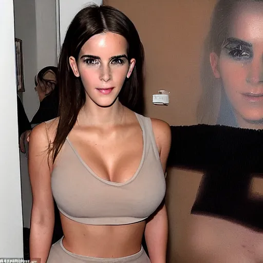 Image similar to a woman who is a genetic combination of kim kardashian and emma watson face and upper - body focus